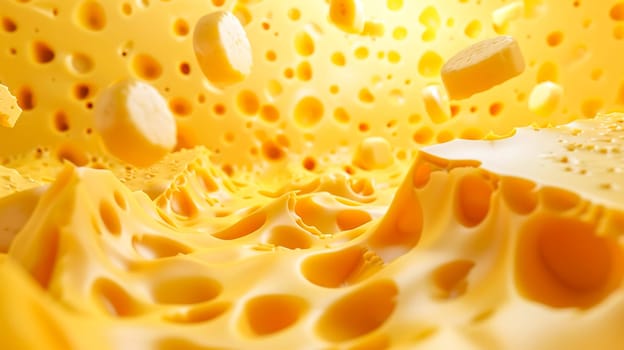 Mouthwatering visual of emmental cheese, showcasing its distinctive holes and rich texture, perfect for food-related projects