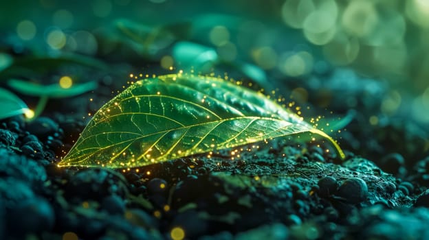 Green leaf glowing on dark soil with magical golden particles, representing concepts such as ecology, nature conservation, and environmental protection