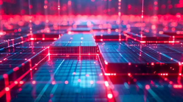 Glowing lines flow through a grid of data in red and blue. Creating a mesmerizing tech background. Evoking connectivity and innovation. This image symbolizes the digital world's interconnected nature