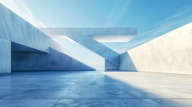 Tall, abstract concrete building with geometric design and sunlight casting shadows, exuding a modern, minimalist urban vibe against a blue sky