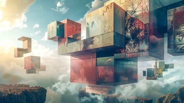 Abstract image of concrete cubes floating in the sky above mountains, representing concepts such as architecture, construction, and surrealism