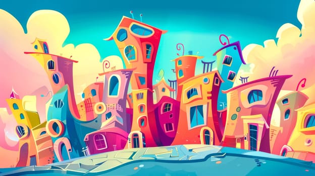 Cartoon city skyline with unusual buildings on a sunny day, perfect for children's books, animation, or any project that needs a touch of whimsy
