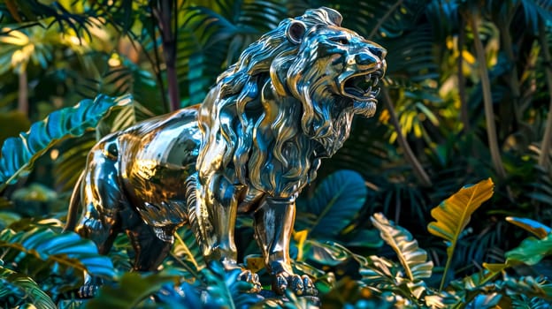 Majestic golden lion statue is surrounded by lush tropical plants and foliage, creating a captivating scene of wildlife art