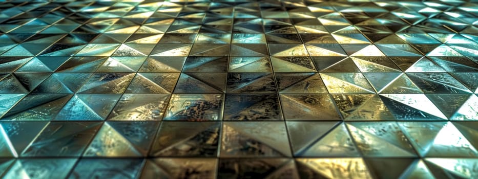 Creating a futuristic background with shiny metallic triangular tiles reflecting light in green and gold hues, adding a modern touch to any interior space