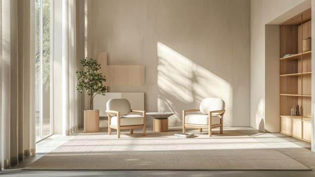 Sunlight streaming through a large window illuminates a meticulously designed living room, highlighting the natural textures and minimalist aesthetic