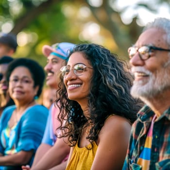 Diverse group happily spends time together at an outdoor event in the park, smiling, laughing, and connecting, showcasing togetherness and community