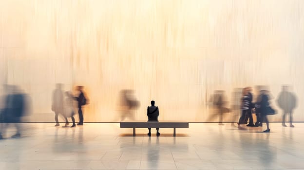 Young man is taking a break, sitting on a bench in a luminous corridor, while many people are passing by in a hurry, going to work