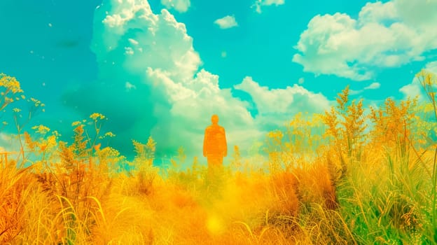 Businessman is standing in a surreal golden meadow with the sun shining behind him and bright blue sky and clouds above