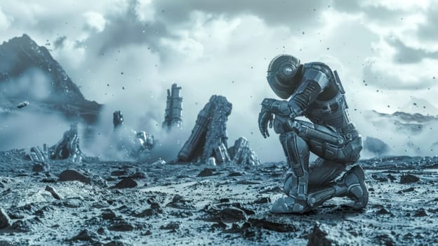 Astronaut is kneeling among the ruins of an alien civilization, contemplating the destruction and the cost of victory