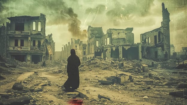 Lone survivor is making their way through a destroyed city, showing the devastation and destruction left behind by war