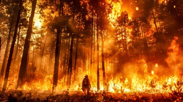 Firefighter walking through a burning forest, battling a wildfire with courage and determination. The image captures the intensity and danger of wildfires