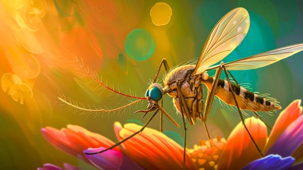 Mosquito is standing on a colorful flower with its wings spread out, enjoying the warm sunlight. The insect is shown in great detail