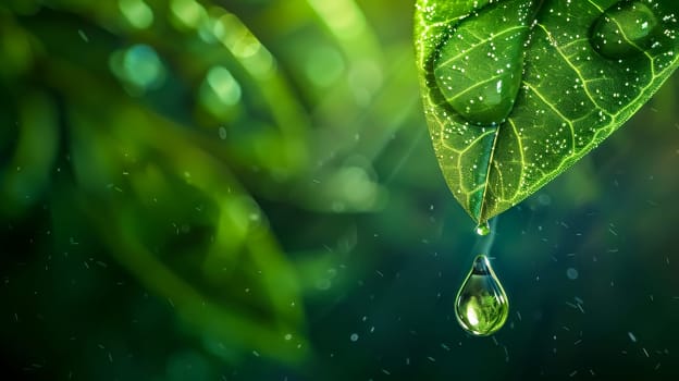 Water droplet forms on a green leaf in a lush rainforest, reflecting nature's beauty. The fresh leaf symbolizes growth and purity, with dew adding freshness