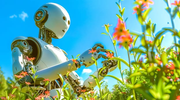 Futuristic android exploring a beautiful garden, enjoying the scent of colorful flowers on a sunny day, concept of ecology and future technology