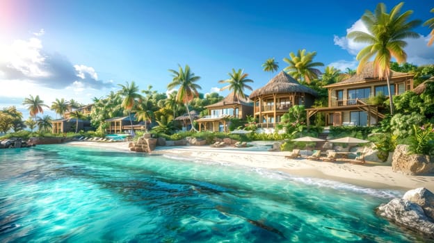 Luxurious bungalows are nestled on a pristine beach, surrounded by swaying palm trees and crystal-clear turquoise water, creating an idyllic tropical paradise
