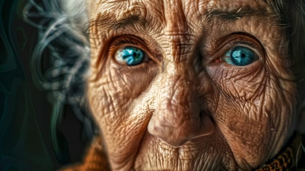Close-up portrait of a senior woman with striking blue eyes and weathered skin, telling a story of a life well-lived, evoking time, resilience, and graceful aging