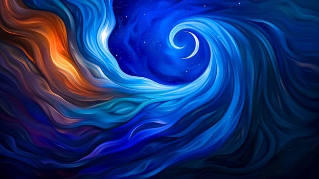 Abstract digital art of blue and orange swirls blending together, forming a crescent moon and starry night sky, perfect for backgrounds