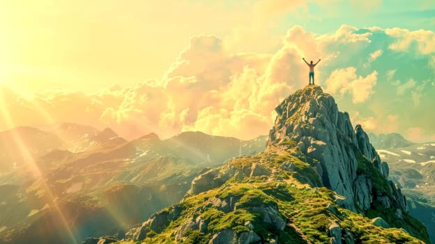 Hiker is standing with raised arms on a mountain peak at sunset, celebrating the successful climb. The warm evening light illuminates the majestic scenery