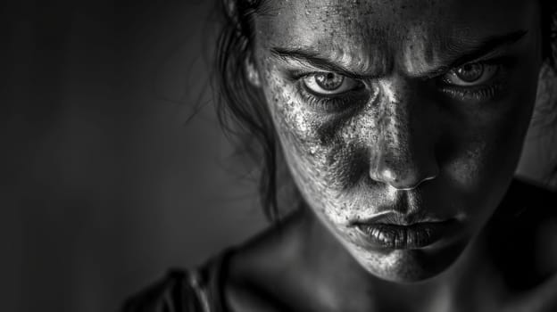 Young woman with freckles shows intense anger in a striking black and white portrait, staring directly at the camera with a frown