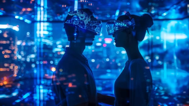 Man and a woman are immersed in a virtual reality experience, their headsets glowing against the backdrop of a futuristic cityscape at night