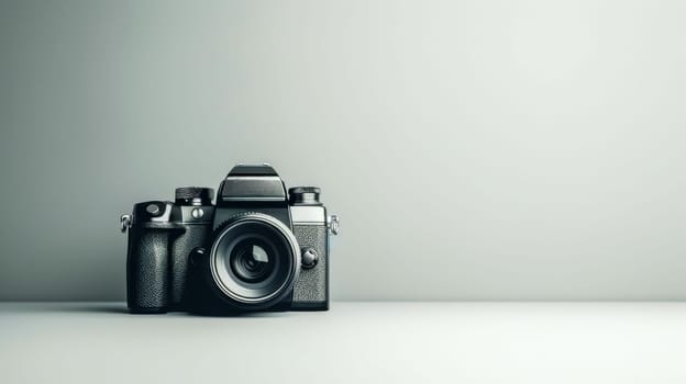Modern camera on a white table against a gray background, perfect for photographers, bloggers, and creators seeking a creative backdrop. Ideal for various projects with customizable space