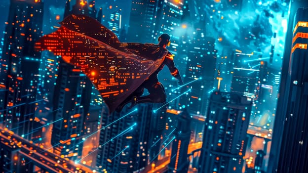Superhero with a flowing cape is flying over a futuristic city at night, illuminated by neon lights. This image evokes a sense of power, technology, and the future