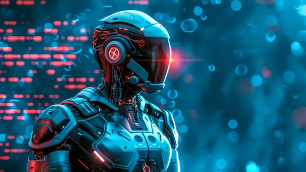 Futuristic robot with a glowing visor stands in front of a digital data stream, blending technology and science fiction in a captivating scene