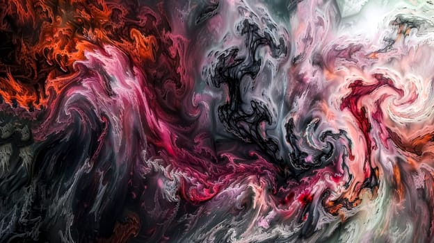 Abstract liquid acrylic fluid art painting in swirling shades of red, black, and white creating a dreamy, mesmerizing effect