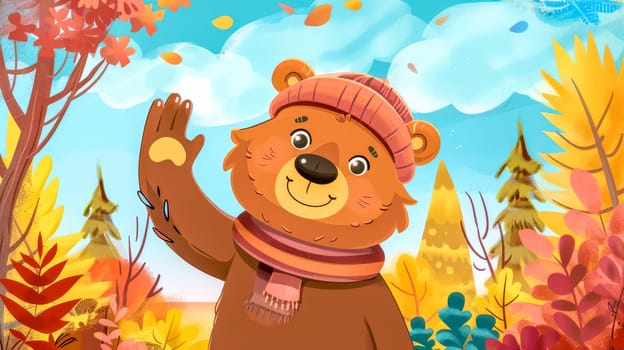 Bear happily waving hello in a colorful autumn forest. Surrounded by falling leaves in shades of orange. Brown. Red. And yellow. Wearing a cozy beanie and scarf