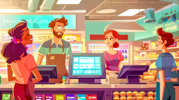 People standing in line and paying for goods at checkout zone in supermarket. Cashiers scanning products and serving customers in grocery store