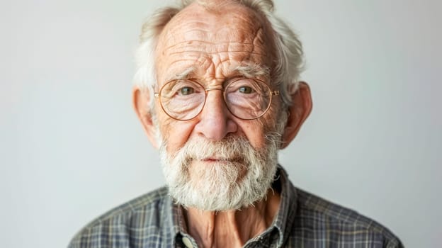 Cheerful elderly man with a long white beard and glasses smiles brightly in a plaid shirt, radiating wisdom and experience, embodying the beauty of a life well-lived