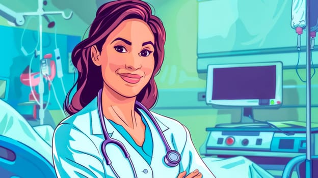 Female doctor is smiling in a hospital room with her arms crossed, conveying a sense of expertise and trustworthiness