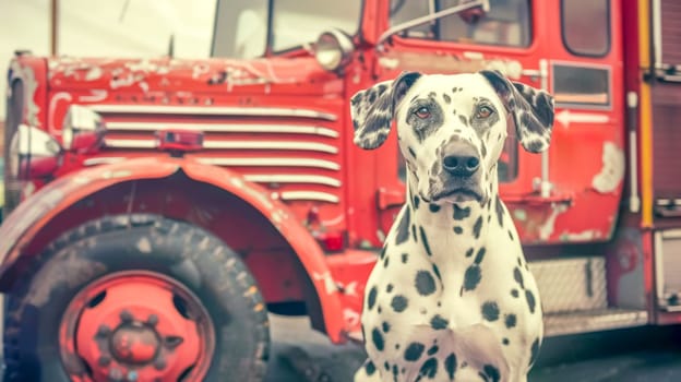 Beautiful dalmatian dog with striking black spots sits gracefully next to an old red firetruck on a sunny day outdoors, looking happy and attentive with a curious expression