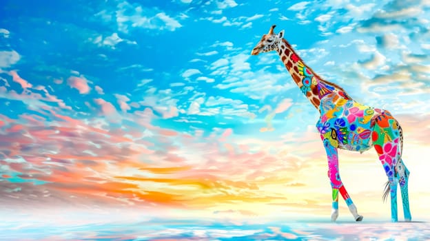 Giraffe with a colorful painted pattern is walking on clouds in a beautiful sunset sky. This image evokes freedom, imagination and dreams
