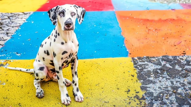 Beautiful dalmatian dog with striking blue eyes sitting gracefully in a vibrant urban setting, exuding loyalty and intelligence