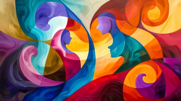 Two figures are forming from colorful, abstract shapes, representing the deep connection between people and the beauty of human relationships