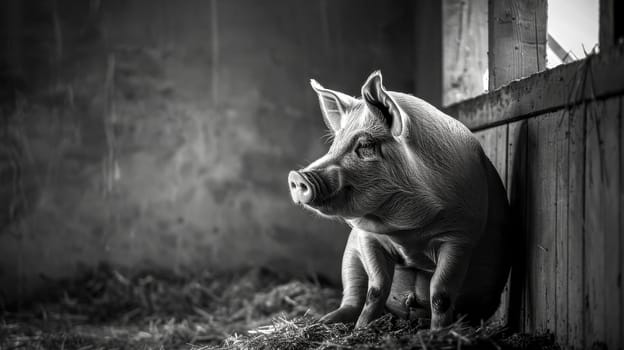 Cute piglet rests in a cozy barn, bathed in sunlight. The serene scene captures rural farm life with the adorable black and white piglet looking curious