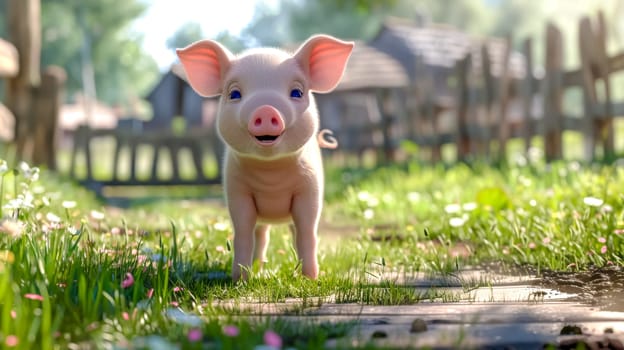 Cute piglet standing on a farm path, surrounded by green grass and flowers, enjoying a sunny day. The pink pig looks happy in the countryside