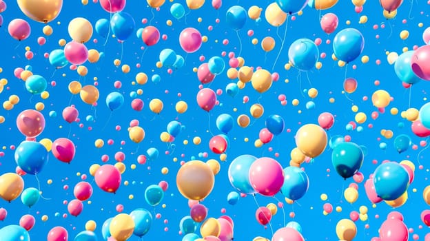 Colorful balloons float freely in the clear blue sky, adding joy to celebrations. Vibrant hues and cheerful patterns create a lively backdrop for parties, birthdays, weddings, or any outdoor event