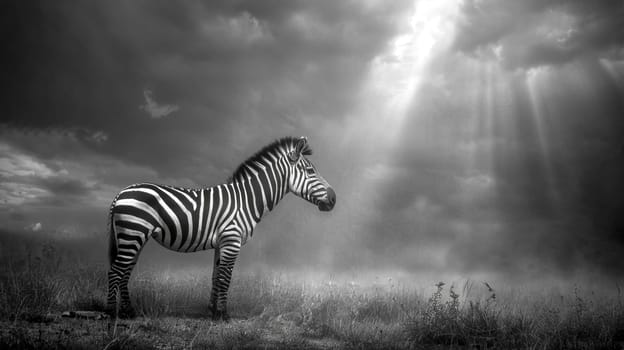 Majestic zebra stands alone in a vast field, bathed in dramatic sun rays piercing through the cloudy sky