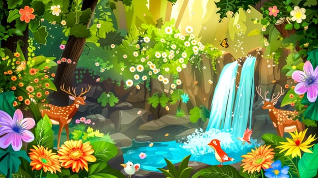 Beautiful waterfall cascading down rocks into a pool of water, surrounded by lush greenery, colorful flowers, and adorable animals enjoying the serene ambiance