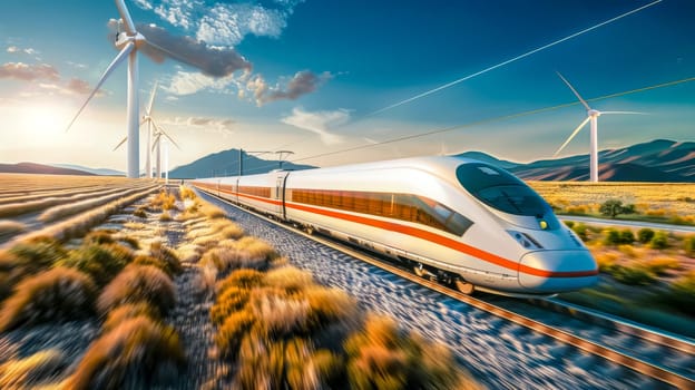 Sleek, modern high speed train is speeding through a rural landscape at sunset, passing by a row of wind turbines generating clean energy