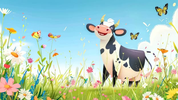 Cheerful cartoon cow stands happily in a field of colorful flowers, surrounded by playful butterflies on a sunny summer day