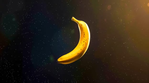 Ripe yellow banana floats peacefully in dark space among twinkling stars and a radiant sun, creating a mesmerizing blend of fantasy and reality. Perfect for nature and universe lovers