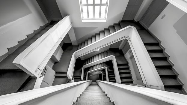 This black and white image features a stairwell leading upwards in a modern building. The image evokes a sense of repetition and symmetry, with its clean lines and geometric shapes
