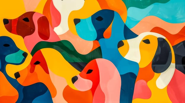 Colorful dog heads overlap in a playful, modern art design. Perfect for websites, social media, and print ads. Bright and trendy for wallpapers and cards. Add a pop of color to your project!