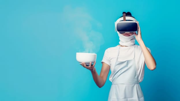 Person wearing an apron and a virtual reality headset is holding a steaming bowl of food, suggesting the use of technology in the culinary arts