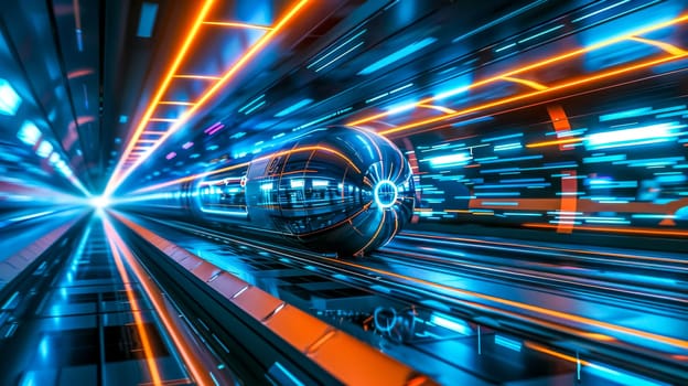 High-speed train races through a futuristic tunnel with blurred lights, creating a sense of energy and speed