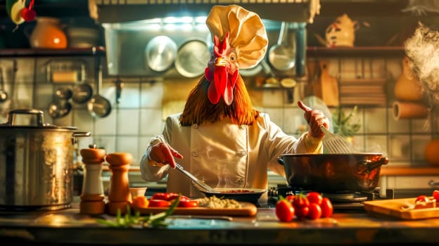 Rooster chef wearing chef's whites and hat is cooking a chicken dish in a rustic kitchen, stirring a pot and using a spatula