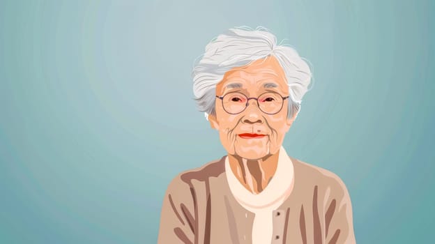 Illustration of an elderly woman with grey hair and glasses, wearing a beige cardigan, smiling calmly against a blue background